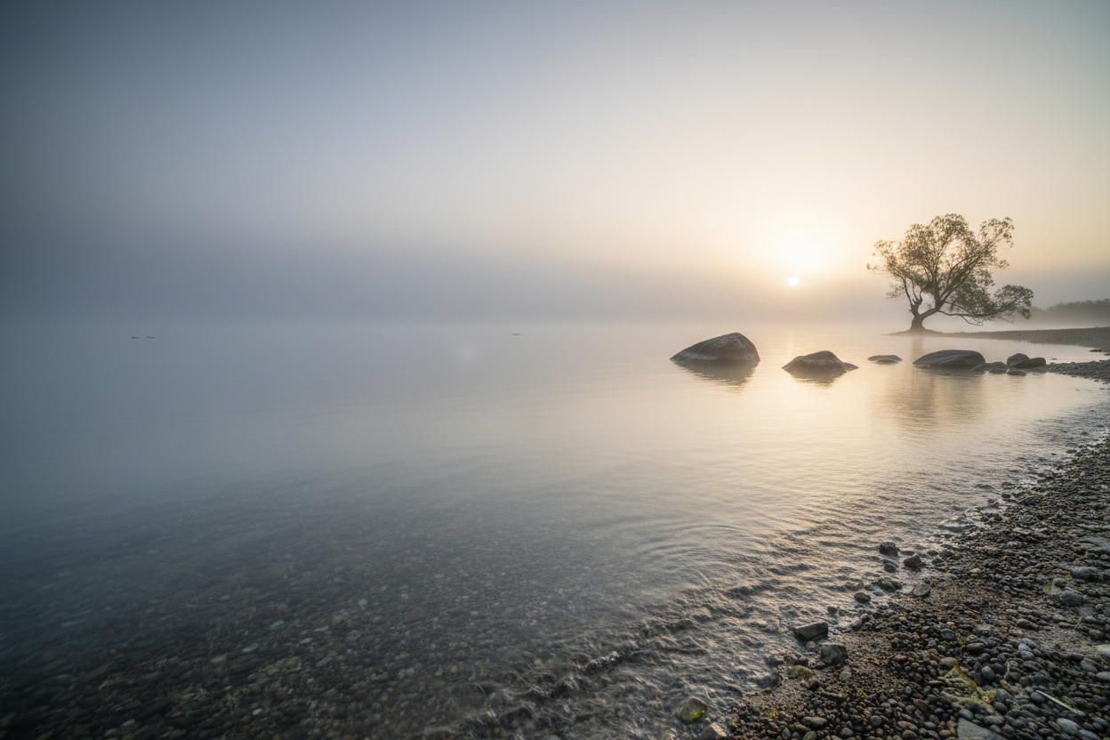Serene lake shore with calm water and soft light